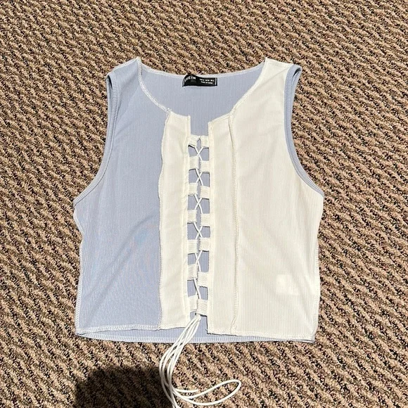 nwot shein blue and white ladder tie front tank crop top - Picture 2 of 4